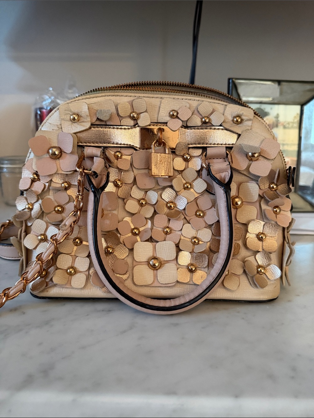 Aldo Blush and Gold Floral Appliqué Satchel